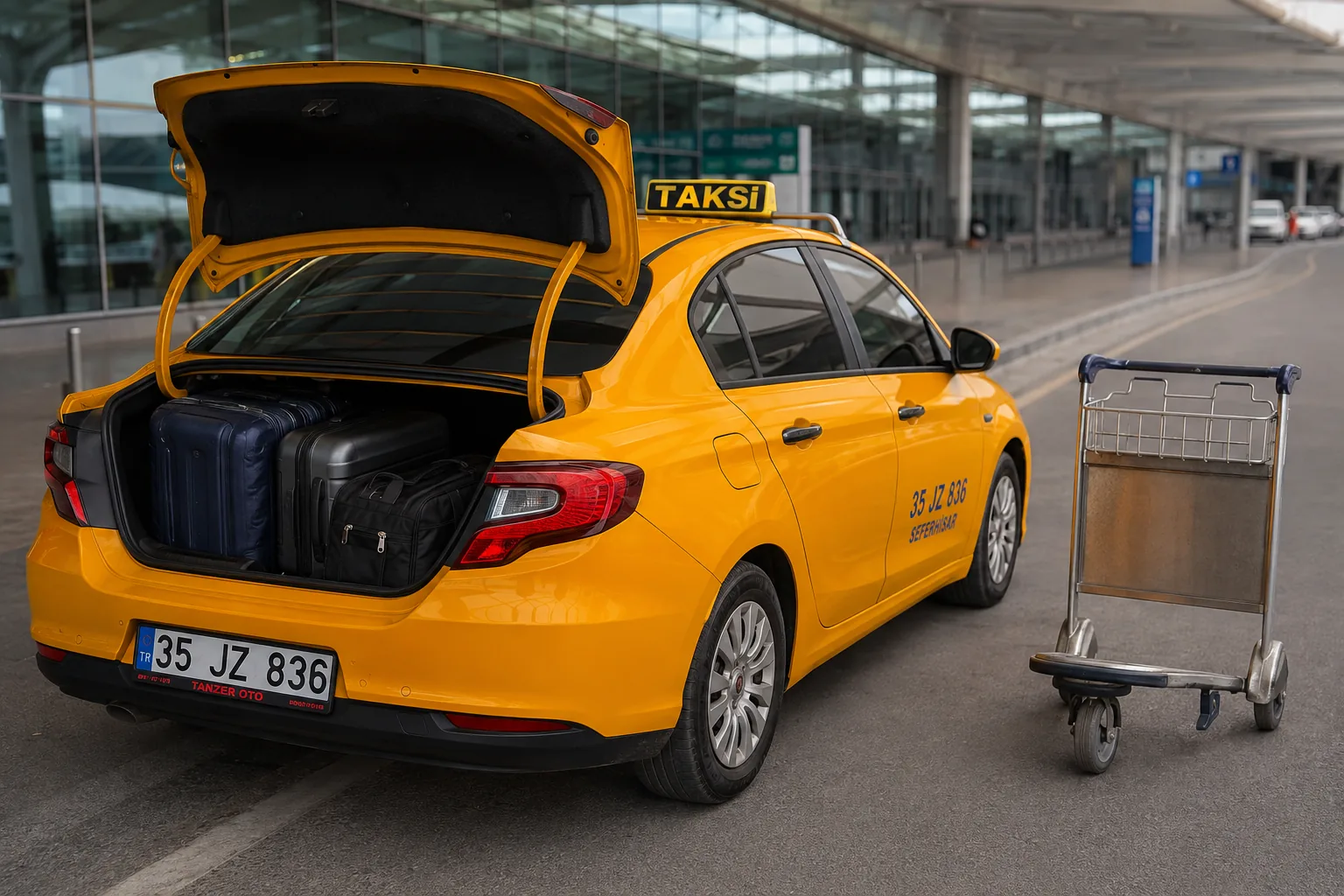 Terminal önünde bagaj arabasının yanında açık duran araç bagajı
