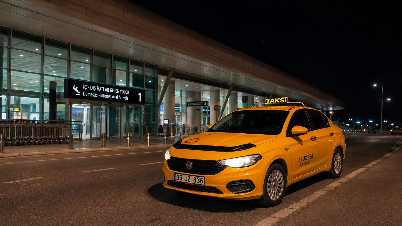 Havalimanı terminali önünde gece bekleyen taksi
