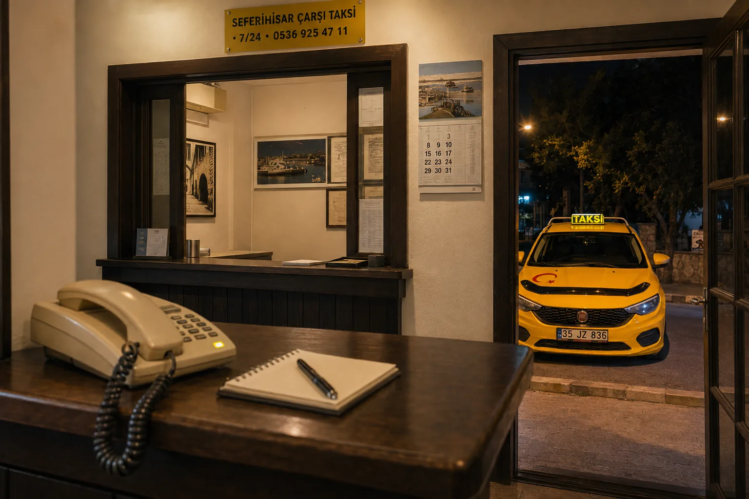 Durak içinde masadaki telefon ve gişe üstündeki numara levhası, açık kapıdan görünen taksi